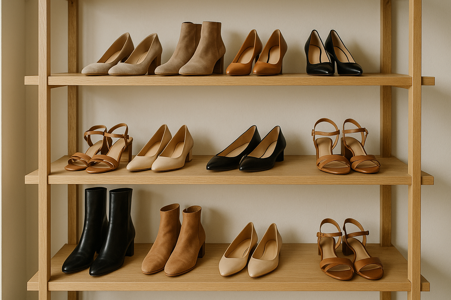 A realistic photo of a boutique shoe rack filled with elegant women’s shoes — heels, boots, flats, and sandals. Modern boutique interior, soft natural lighting, wooden shelves, neatly organized display, high resolution, professional fashion photography style, realistic textures.