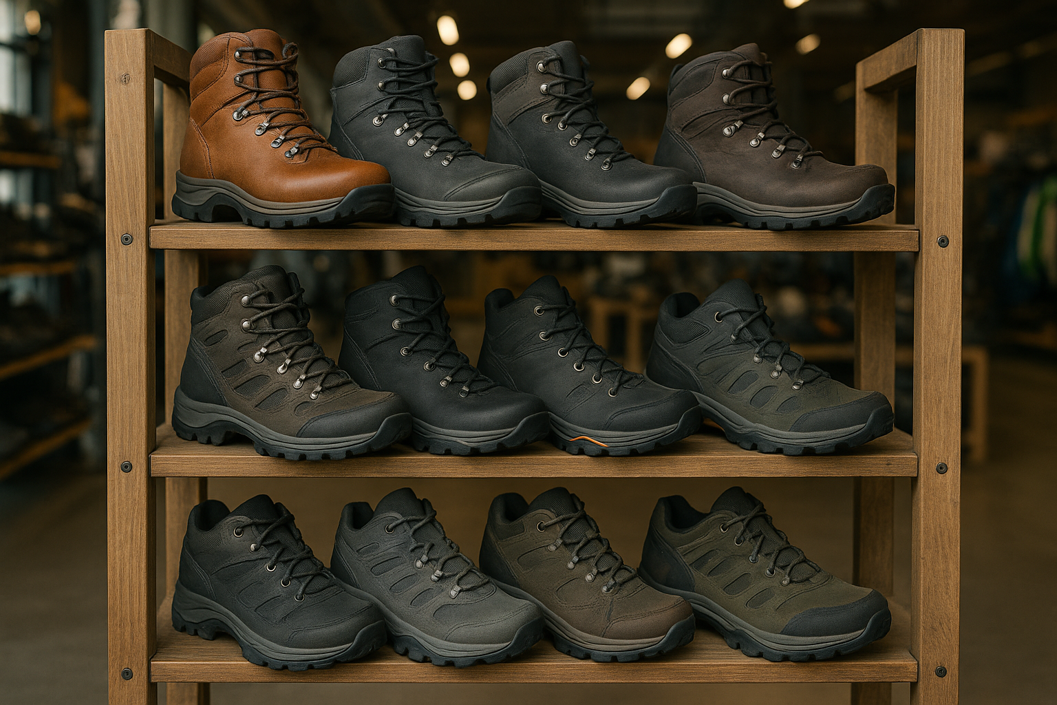 A realistic photo of a sturdy display rack with hiking boots and trekking shoes. Various colors and styles (brown leather, black, grey, and outdoor tones), detailed textures, rugged design, professional outdoor store setting, natural lighting, high resolution, realistic photography style.
